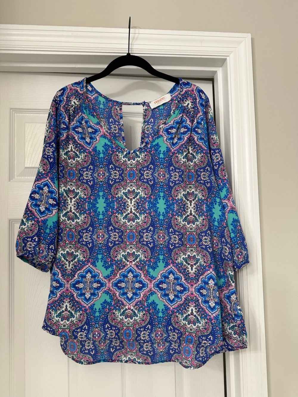 Renee C. Blue & Teal Paisley Keyhole Tunic